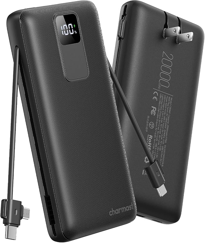 charmast Portable Charger Built-in Wall Plug & Cables, 20000mAh Power Bank | International Travel Battery Pack for iPhone 17/16/15 Samsung Android, Flight-Approved, 20W Fast Charging, 100-240V AC input by charmast