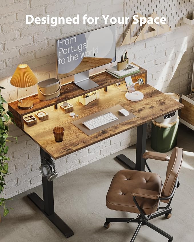 Agilestic 48*24 Inch Electric Standing Desk with Shelf & Led, Rustic Brown | Electric Height Adjustable, Outlets&Led, Monitor Stand, Sturdy Steel Frame, Memory Presets, Hooks, 154 lbs, Splice Board - Image 3
