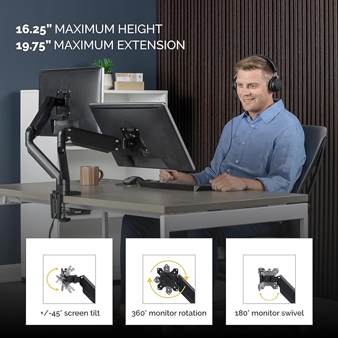 Fellowes Platinum Series Dual Monitor Arm for 40-Inch Monitors, Full Motion, 360° Rotation, VESA Mount with Grommet or Clamp, USB Ports, Ergonomic, Black, 8042501 - Image 4