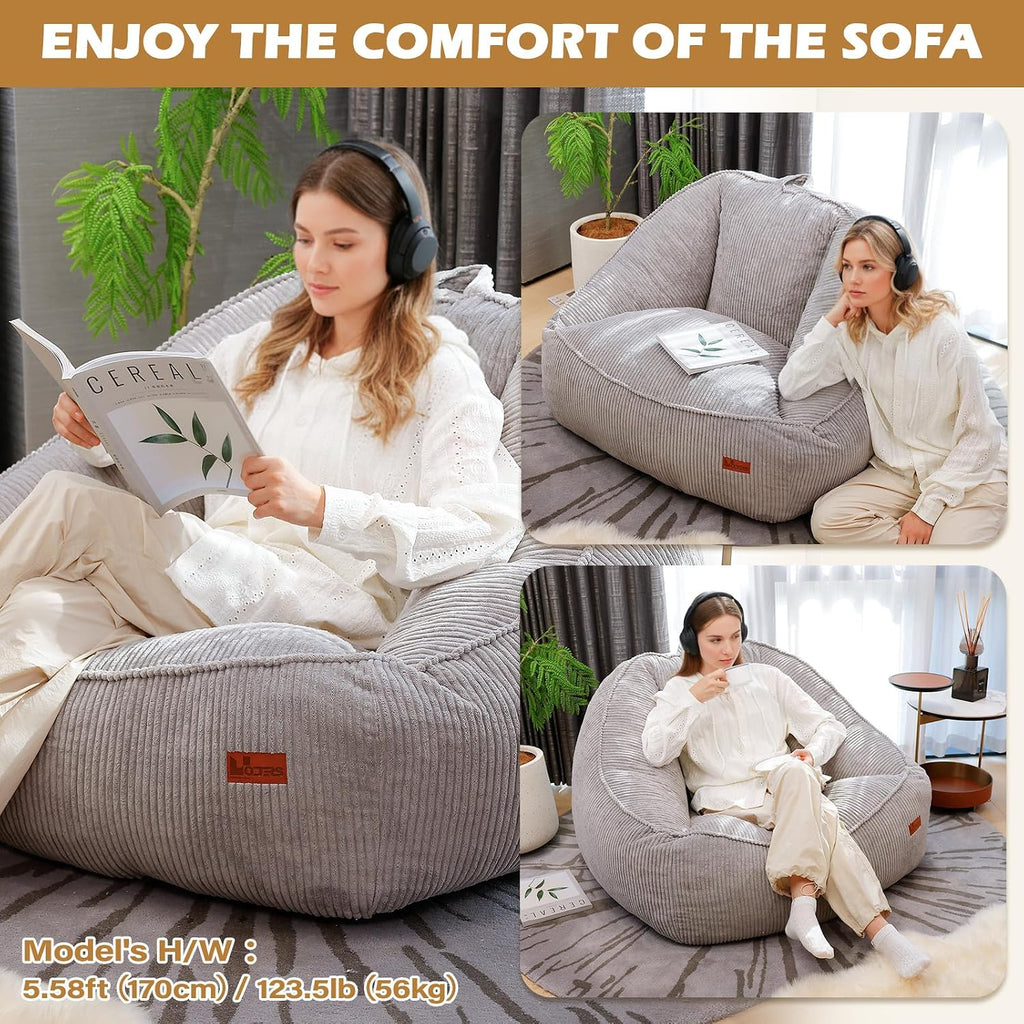 Giant Bean Bag Chair for Adults Teens and Kids, Cozy Fluffy Corduroy Beanbag Chair with Filler Large Floor Lounge Sofa for Living Room, Bedroom (L-Light Grey) - Image 6