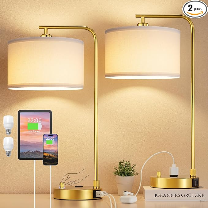 Gold Bedside Lamps Set of 2, Fully Dimmable Lamps for Night Stands, USB A+C | Modern, Linen Lampshade, USB Port and Outlet, Tall Desk Lamps for Bedroom, Nightstand, Living Room, Home Office, End Table by Innqoo