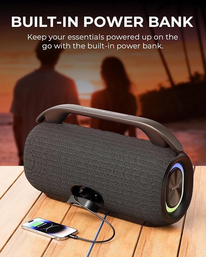 havit Outdoor Bluetooth Speaker, 120W Peak Loud Speakers with Deep Bass, Portable Wireless Speaker IPX6 Waterproof, RGB Light, 12H Playtime, TWS Stereo, EQ, for Party, Beach, Camping, Backyard, Garage - Image 9