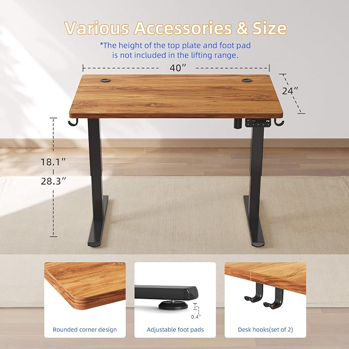 YIHAYO Low Height Adjustable Desk, Lifts 18.1-28.3 Inches, Electric Standing Desk for Short People, 40 x 24 Inches Computer Table with Splice Board for Home Office, Rustic Brown - Image 3