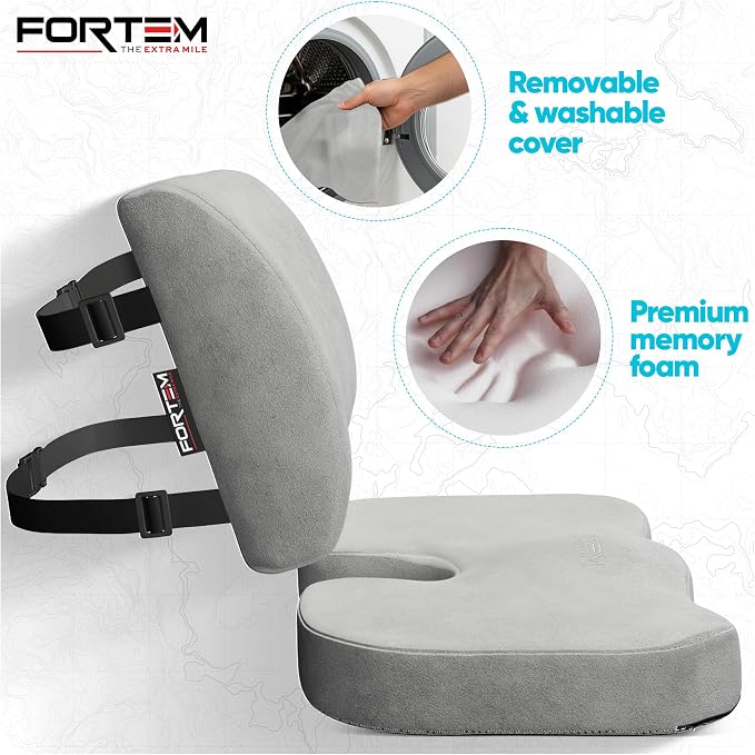 FORTEM Seat Cushion & Lumbar Support for Office Chair, Wheelchair, Car | Memory Foam | Ergonomic Design | Washable Cover | Non Slip | Grey - Image 3