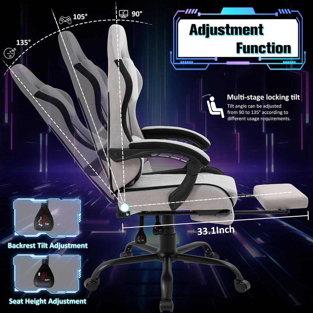 Gaming Chair with Footrest, Ergonomic Fabric Desk Chair, Grey - Image 4