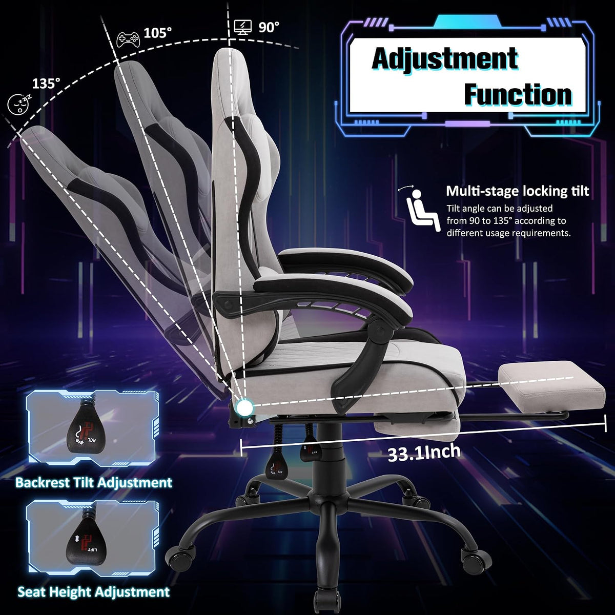 Gaming Chair with Footrest, Ergonomic Fabric Desk Chair, Grey - Image 4