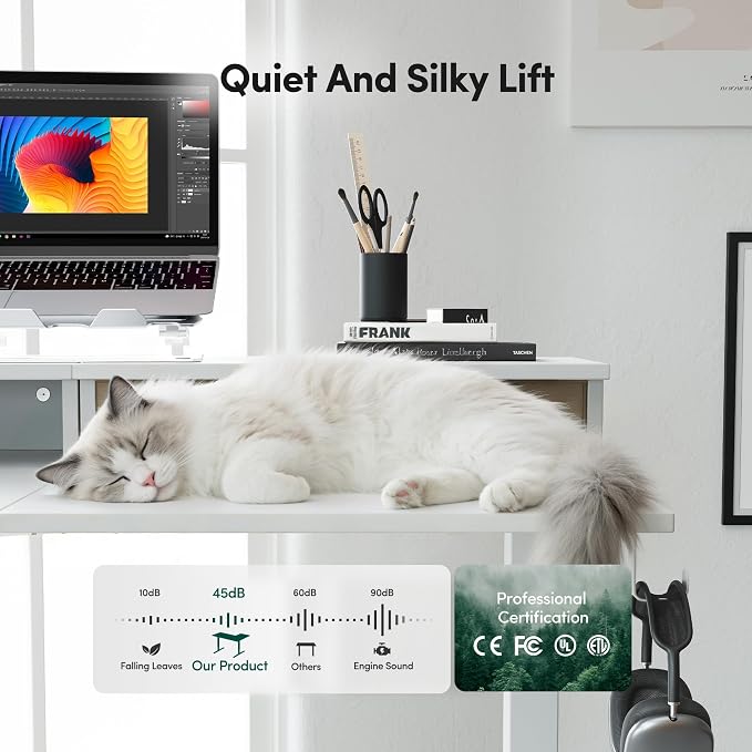 CubiCubi 63x48 Inches L Shaped Standing Desk with 3 Drawers and Monitor Shelf, Height Adjustable Corner Computer Desk with Hooks, Sit Stand Up Ergonomic Home Office Workstation Table, Warm White - Image 6