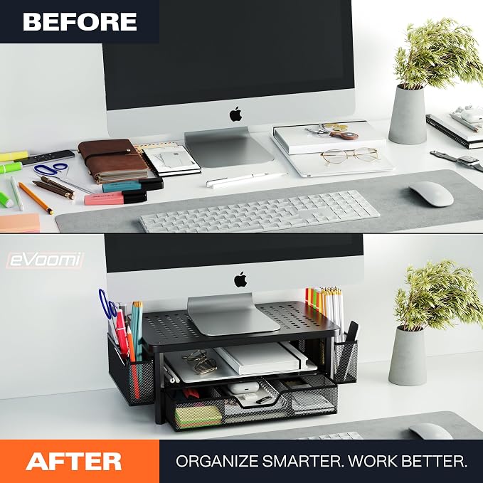 eVoomi FlowMax Ergonomic Desk organizer Computer Monitor Stand -Improved XL Desk Drawer, File Paper Pencil Holders - Pro Posture Eye-Level Tension Relief - Anti-Slip Home Office Supplies Storage Stand for Laptop Monitor or Printer - Image 4