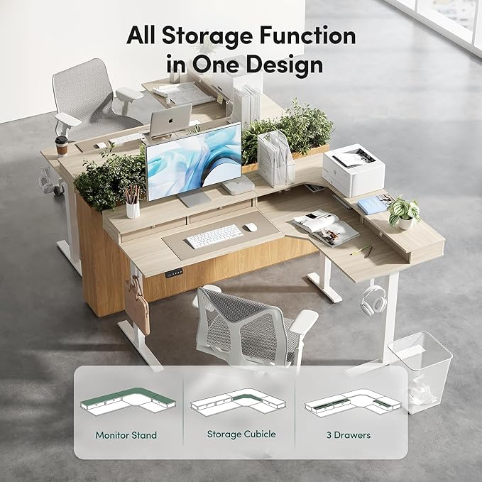 CubiCubi 63x48 Inches L Shaped Standing Desk with 3 Drawers and Monitor Shelf, Height Adjustable Corner Computer Desk with Hooks, Sit Stand Up Ergonomic Home Office Workstation Table, Light Walnut - Image 4