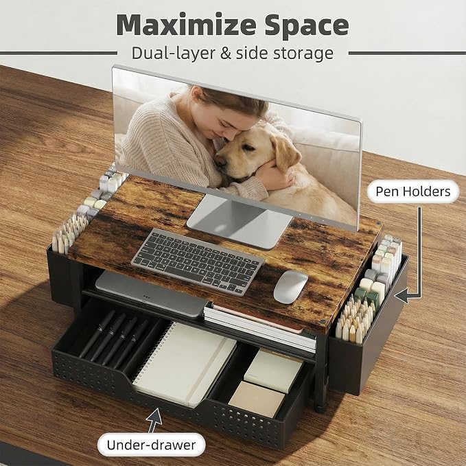 LEKETREE Wood Desk Organizer, 2-Tier Computer Monitor Stand Riser with Storage Drawer and 2 Pen Holders, Laptop & Printer Stand, Shelf for Top of Desk (Rustic Brown) - Image 4