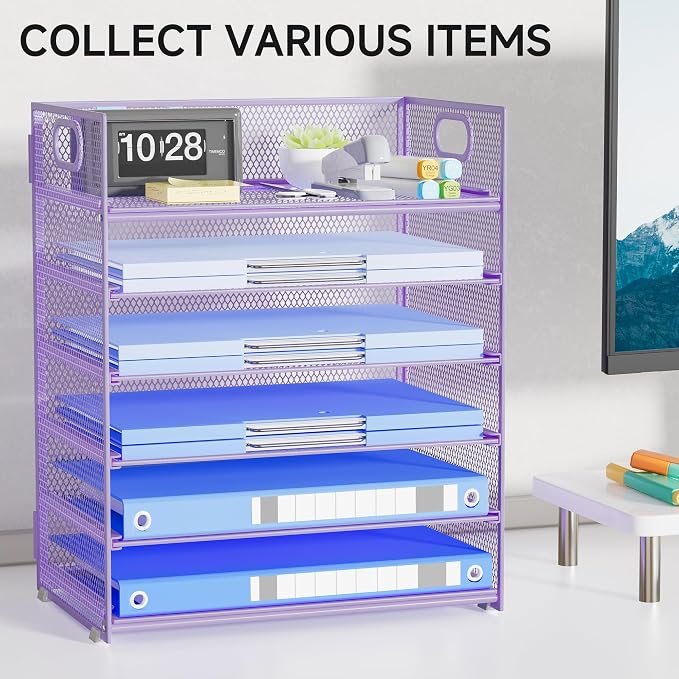 Purple Paper Organizer for Desk with Handle, 6-Tier | Metal Mesh File Organizer, Stackable Desktop Organizer for Office Supplies & Stationery Storage - Image 7