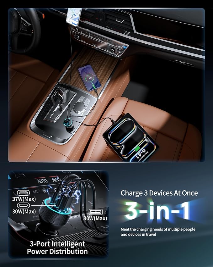 67W 3-Port Super Fast Type C Car Charger USB C for Samsung S26 S25 S24 S23 | iPhone 17/16/15 Pro Max, Android, Cigarette Lighter USB Charger Car Phone Adapter Accessories + 3FT/6FT USB-C Cable, 2 Pack - Image 4