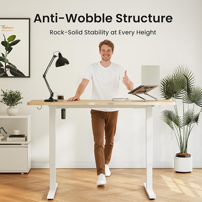 DESINO Standing Desk, 32 × 19 Inches Electric Height Adjustable, Sit and Stand Up, Computer Office Desk with Splice Board, White Frame/Oak TOP - Image 5