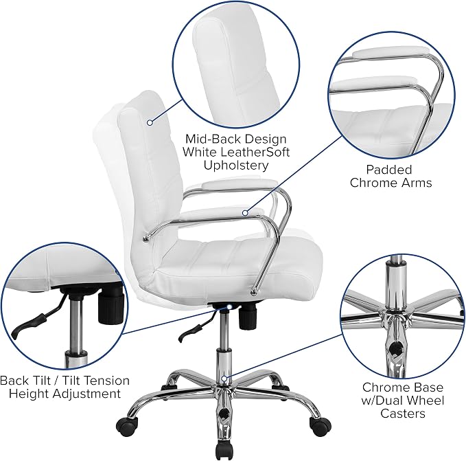 Flash Furniture Mid-Back White LeatherSoft Executive Swivel Office Chair with Chrome Base and Arms - Image 4