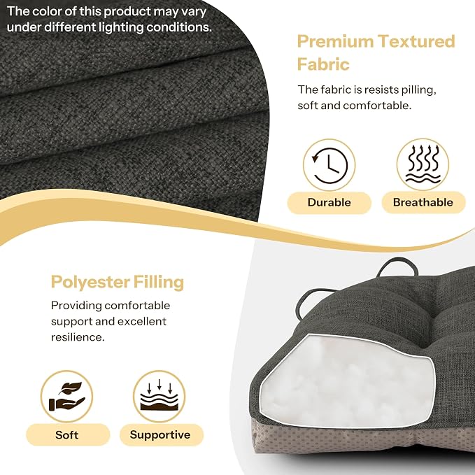 Chair Cushions for Dining Chairs Set of 4, 18"x18"x3", Dark Grey | Non-Slip with Ties, Tufted, Faux Linen, Seat Cushions for Dining Room Kitchen Breakfast Nook Indoor Home Office Living Room - Image 4