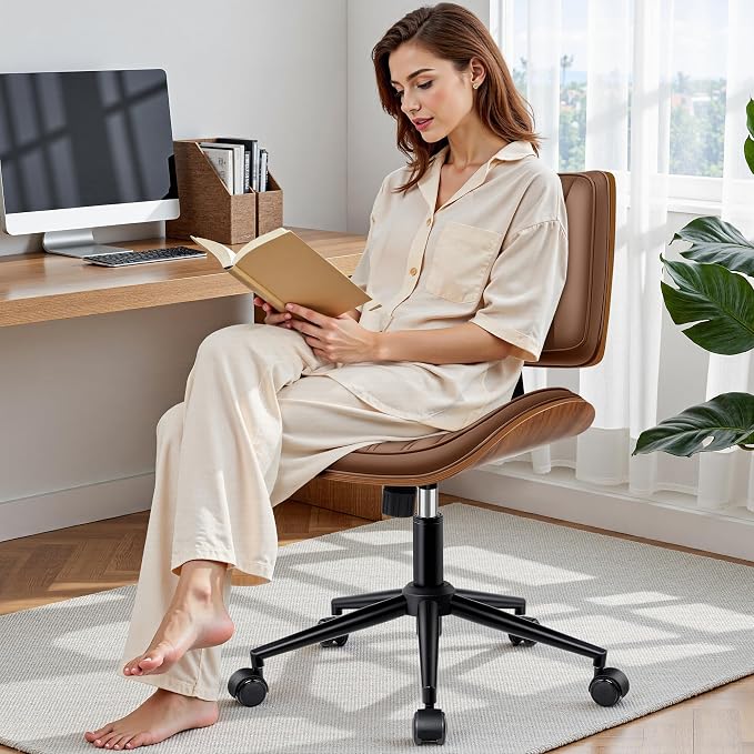 Ergonomic Armless Office Desk Chair - Mid-Century Modern Brown Faux Leather with Diamond Stitch, Adjustable Height Swivel Rolling Task Computer Chair with Walnut Accent for Home Office, Study & Work - Image 7