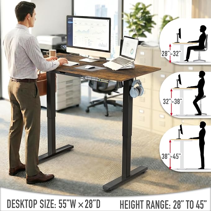 SHW 55 x 28 Electric Height Adjustable Standing Desk w/Drawer,Rustic Brown | w/ Memory Presets and Cable Management | Drawer with adjustable compartments | Hanging Hooks - Image 6