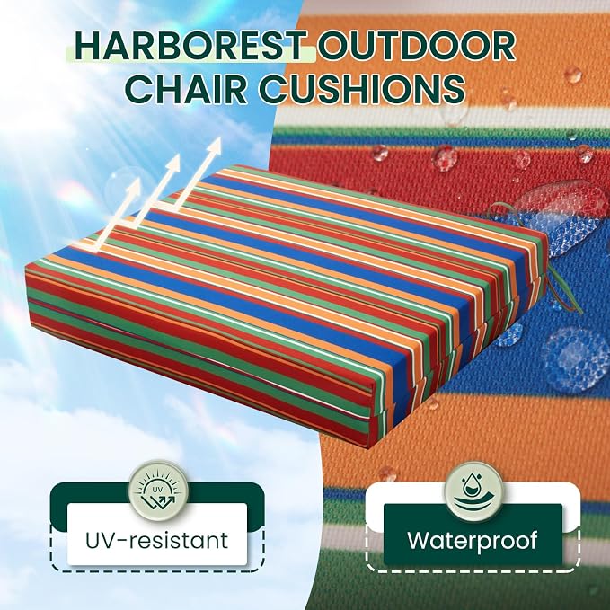 HARBOREST Outdoor Chair Cushions Set of 4, Water Resistant Patio Chair Cushions with Ties, Square Corner Outdoor Seat Cushions for Patio Furniture, 18.5"x16"x3", Rainbow Stripes - Image 2