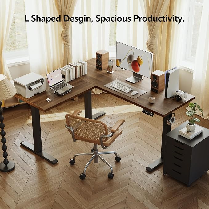 Agilestic L Shaped Standing Desk Adjustable Height, 59 Inch, Dark Walnut | Electric Height Adjustable, Spacious Corner Desktop, Sturdy Steel Frame, Memory Presets, 176 lbs, Splice Board - Image 4
