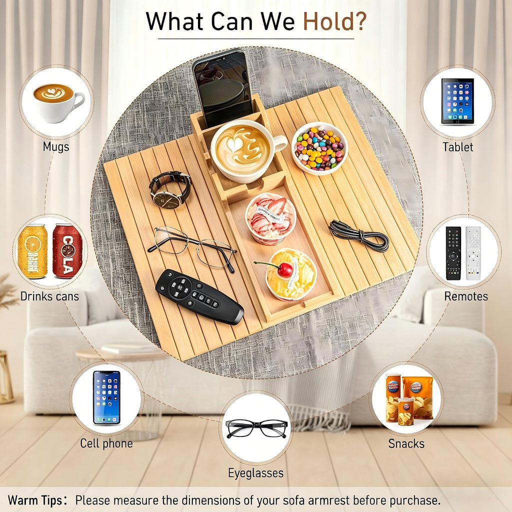 Yoshiky Bamboo Couch Armrest Table, Couch Arm Tray with Removable Couch Cup Holder, 2 in 1 Design Foldable Anti-Slip Bamboo Couch Tray and Sofa Cup Holder for Drink - Image 4