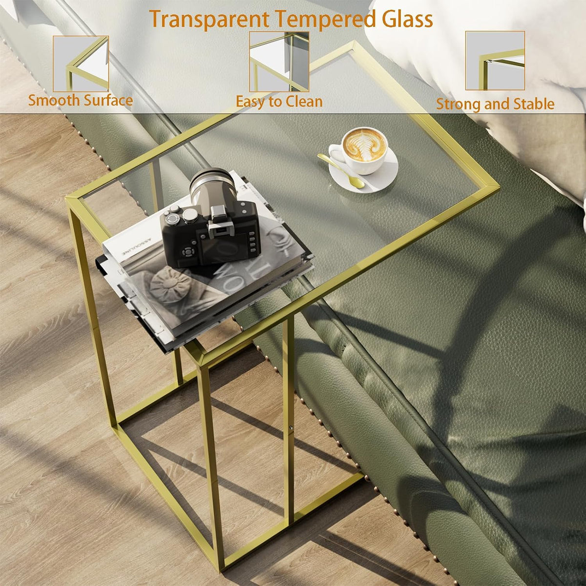 C Shaped End Side Table Set of 2,Couch Sofa Table for Small Space,Tempered Glass Snack Side Table with Metal Frame for Living Room, Bedroom, Bedside, Modern Style, Gold - Image 4
