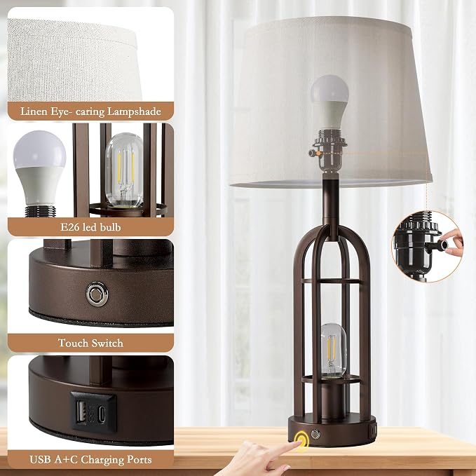 SRJJA 24" Table Lamps for Living Room Set of 2, Rustic Farmhouse 3-Way Dimmable Touch Industrial Bedside Lamps with USB A+C for Bedroom Nightstand，4 Bulbs Included - Image 6