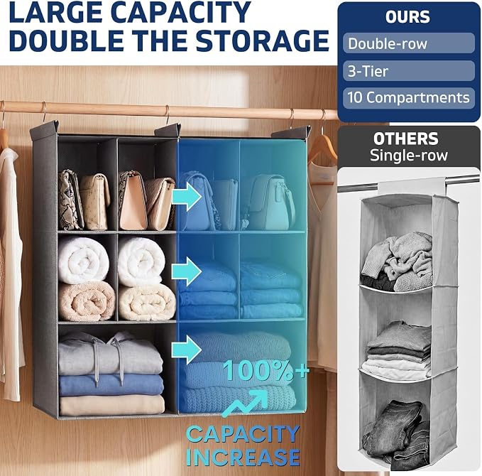3 Tier Hanging Closet Organizer, 10 Compartments Dual Row Storage, Grey | Closet Organizers and Storage with Large & Small Pockets, 3 Sturdy Hooks Support Heavy Loads, for Dorm, RV, Garment Rack - Image 3
