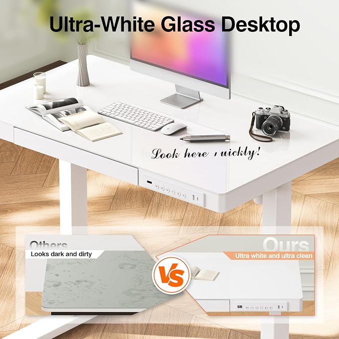 Monomi 35x20" Glass Electric Standing Desk with Drawer and Wheels, White - Image 5