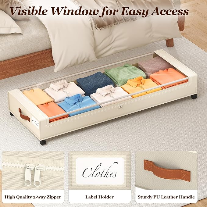 Yecaye Under Bed Storage with Wheels 2 Pack, 85 L Extra Large Under Bed Storage Containers with Metal Frame & Clear Lid, Rolling Underbed Organizer Bins Drawers for Clothes, Shoes, Blankets, Beige - Image 5