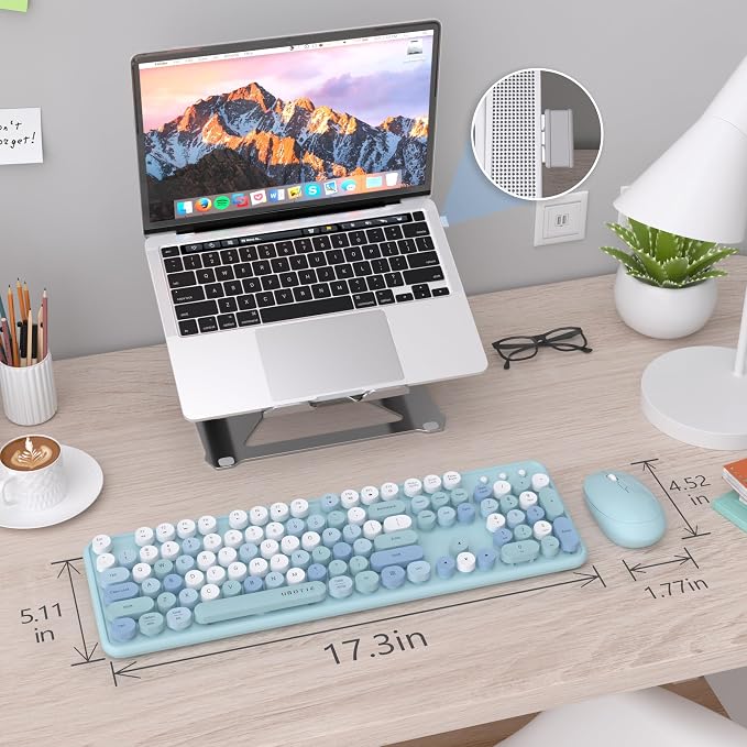 UBOTIE Colorful Wireless Keyboard and Mouse Combo (Blue-Colorful) | Retro Typewriter Floating Full-Sized Keys Computer Keyboard with Optical Mouse, 2.4GHz USB Connection for Windows Mac - Image 7