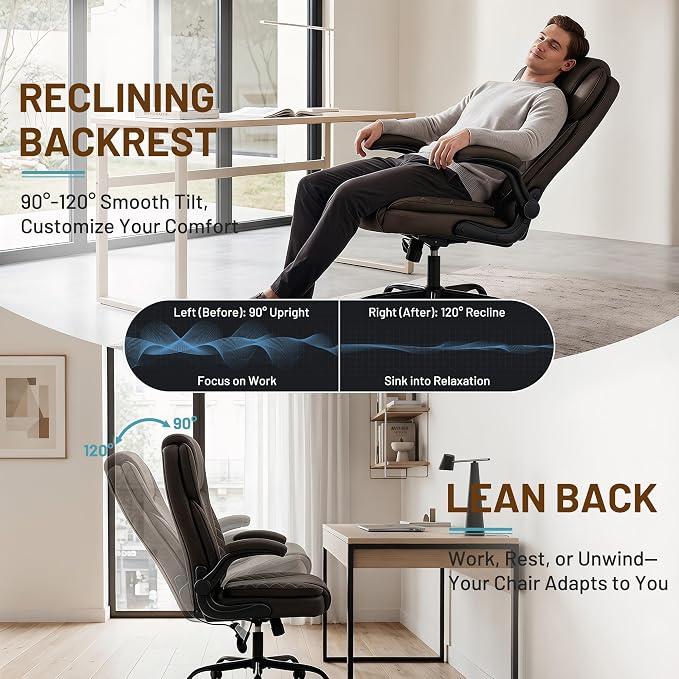 Ergonomic Office Chair, PU Leather High Back Executive Chair with Adjustable Inflatable Lumbar Support and Padded Flip-Up Arms, Recline Swivel Task Computer Chair for Home Office, Dark Brown - Image 6