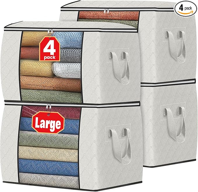 Fab totes 90L Clothes Storage, Foldable Thick Fabric Blanket Storage Bags | Foldable Containers with Zippers,Window and Handles for Organizing Bedroom, Closet, Comforter, Bedding,Dorm essentials by Fabtotes