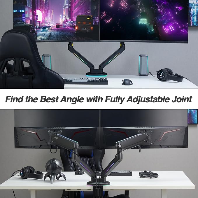 AVLT RGB Gaming Dual Monitor Arm Desk Mount for 27-43" Screens - Black | Built-in 20 Lighting Modes Touch Button Control Fits Flat/Curved/Ultrawide Screen Height Swivel Tilt Rotation Adjustable - Image 5