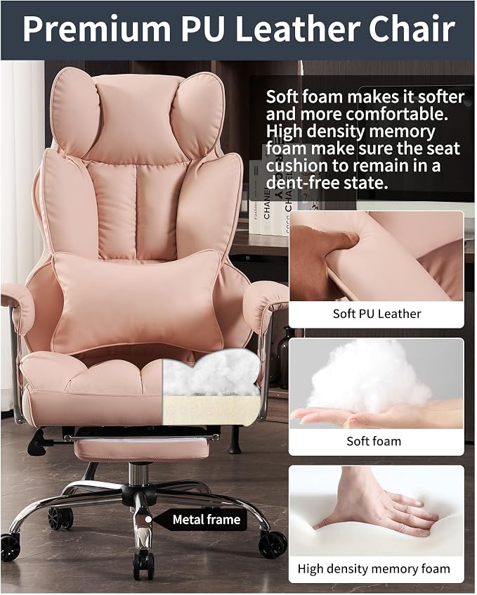Efomao Big and Tall Office Chair 400LBS - Pink Heavy Duty Executive Office Chair with Footrest, Ergonomic Home Office Desk Chair, Wide Computer Chair for Heavy People | 400lbs support, 135° recline, dual-layer foam cushion, 23.5" seat & footrest. BIFMA - Image 5