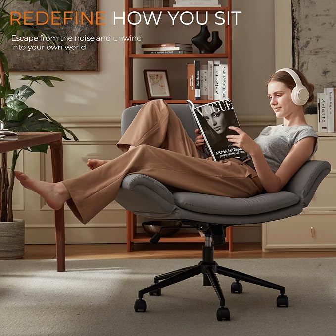 Dowinx Criss Cross Chair with Five-Level Adjustable Arms and Wheels - Comfortable Ergonomic PU Leather Swivel Vanity Chair - Computer Makeup Gaming Chair for Home Office,Bedroom,Vanity Room-Light Grey - Image 5