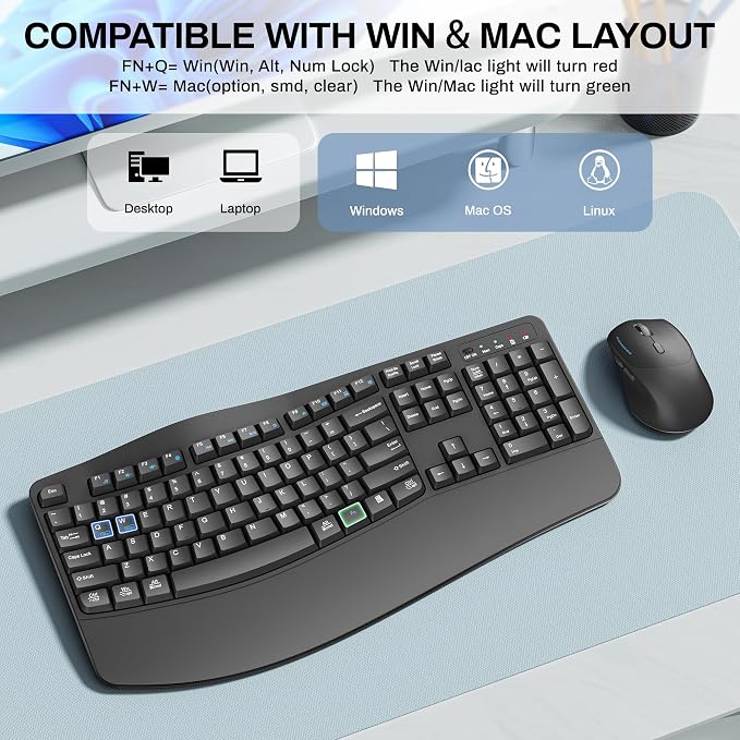 Wireless Keyboard and Mouse Combo,2.4G Full Size Ergonomic Wave Keys(Gray) | Cordless Keyboard with Wrist Rest,3-Level DPI Ergonomic Mouse for Office and Home,Windows/Mac OS/Desktop/Laptop/PC - Image 6