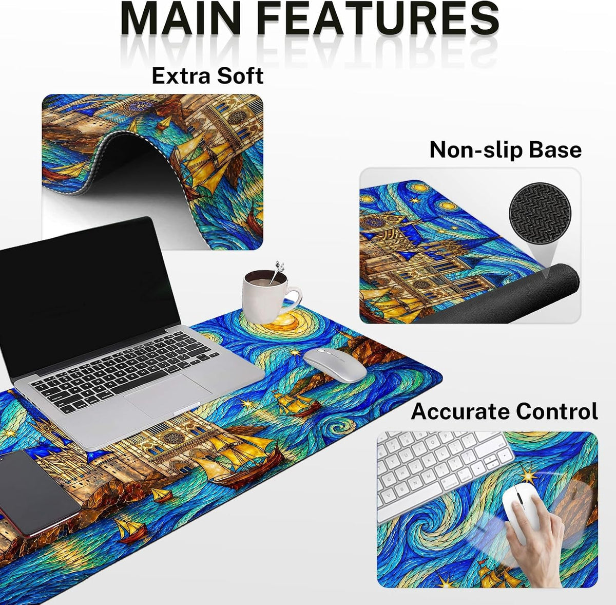 Keyboard Mouse Pad Set, 4 in 1 Desk Mat Set, Blue Starry Castle - Image 3