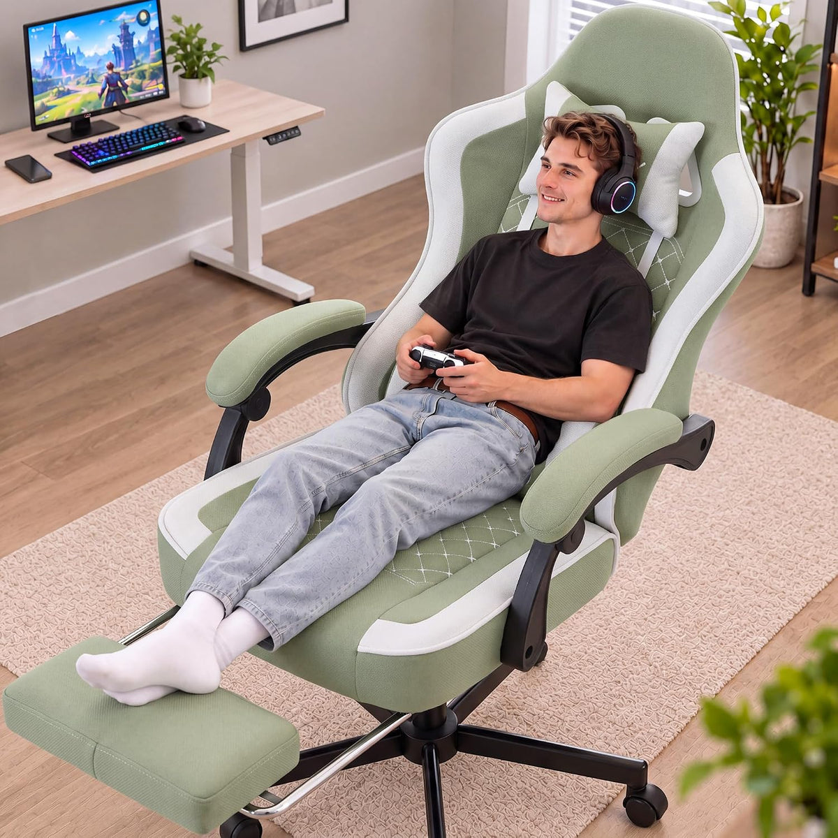 Office Desk Computer Gaming Chair for Adults, Ergonomic High Back Gamer Chair with Massage and Pocket Spring Cushion, Swivel Comfy Video Game Chairs with Footrest and Lumbar Support (Green White) by Wismestr