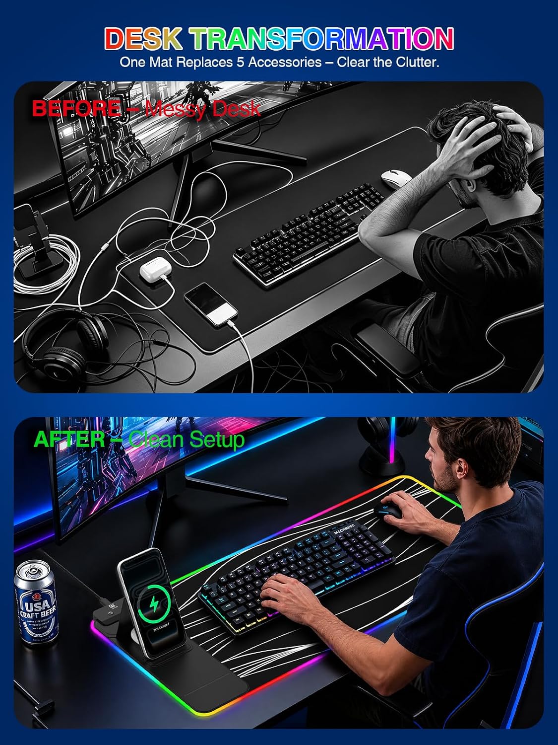RGB Mouse Pad with Foldable Phone Stand Wireless Charger, 31.5"x11.8" XL Gaming Mousepad Large Desk Mat, Desk Pad with 11 Colors 5 Modes, Waterproof - Image 6