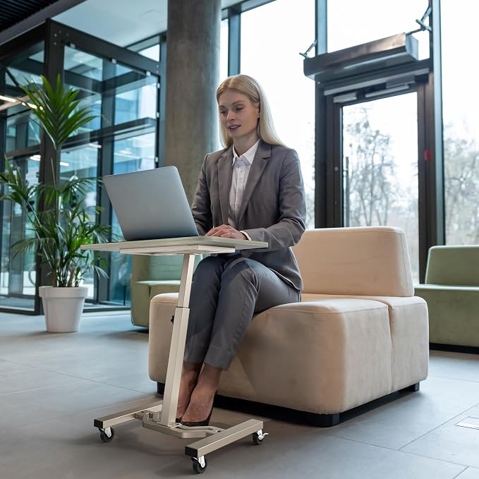 SHW Mobile Height Adjustable Laptop Rolling Cart w/Lockable Wheels, Maple | Height Adjustable from 28" to 33" - Image 6