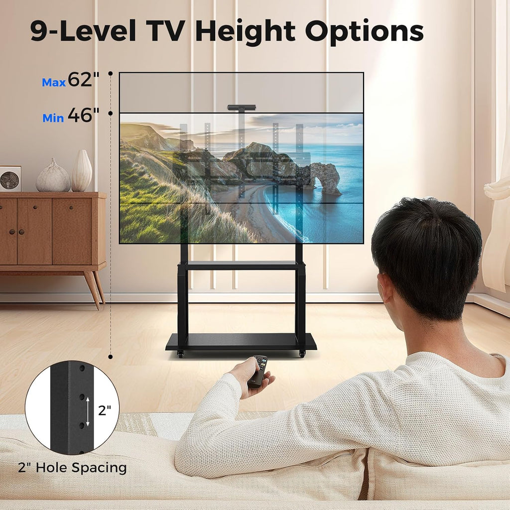 Goplus Mobile TV Stand, Rolling TV Cart with Camera Shelf & AV Shelves, Adjustable Media Console Cart for 32”-80” Flat/Curved TVs up to 132 lbs, Max VESA 900 X 600 mm, TV Mounting Screws Included - Image 3
