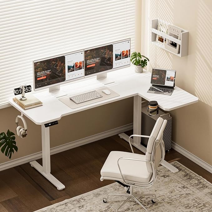 L Shaped Electric Standing Desk - 43x31.5 Inch Reversible Corner Sit Stand Desk with Hook&Cup Holder,Electric Height Adjustable Table,for Small Home Office&Bedroom Computer Desk, White - Image 2