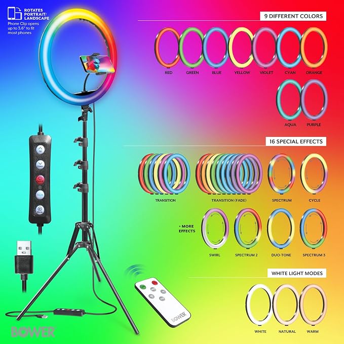 Bower Ring Light with Stand. 16 inch RGB LED Light, 62" Tripod Phone Holder, Wireless Remote, 16 Special Effects/9 Colors/3 White Lights for Selfie, Live Stream, Makeup, YouTube, TikTok, Videos - Image 3