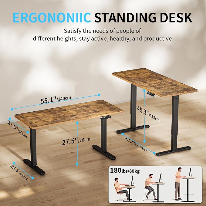 BIZUM Electric Standing Desk, 55" x 24" Height Adjustable Desk, Rustic Brown Sit to Stand Desk Memory Gaming Computer Workstation for Home Office - Image 2
