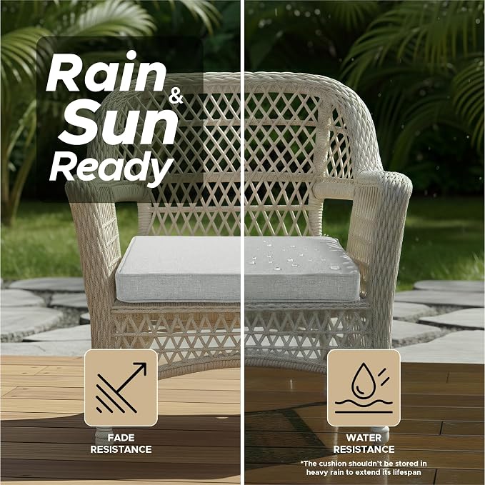Outdoor Chair Cushions, Set of 4, 24 x 24 Inch, Light Grey | Water Resistant, Fade Resistant, Patio Furniture Square Seat Replacement, Removable Cover with Ties, Non-Slip Bottom - Image 3