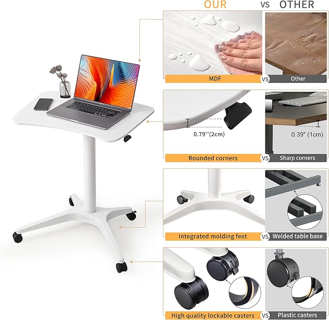 47" Mobile Standing Desk(26" W*19.3" D), Adjustable Height Laptop Desk, Pneumatic Desk with Gas Spring Riser, Podium for Home, Office，Classroom，Medical, (29" to 46.9" H) (White) - Image 5