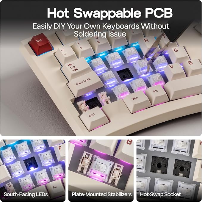 MechLands Feker Alice98 Ergonomic 98 Keys Custom Mechanical Keyboard | VIA Programmable, USB-C Wired Gaming Keyboard, Hot Swappable, 5 Layer Paddings, Control Knob, NKRO, RGB for Win/Mac (Beige) - Image 6