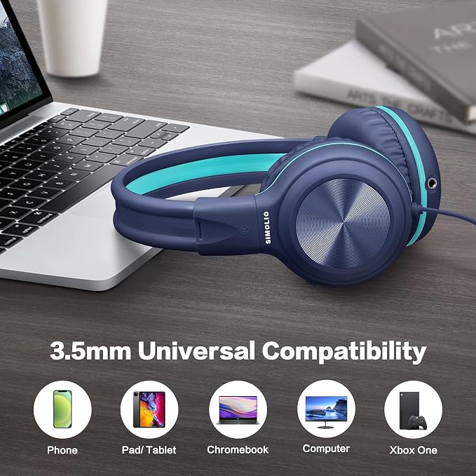 SIMOLIO Manyshare Series- Wired Kids Headphones for School with Microphone, Volume Limiting & Noise Cancelling PC Headset with Cord & Carry Pouch, Plug in Headphones for Tablet, Laptop (Navy Blue) - Image 6