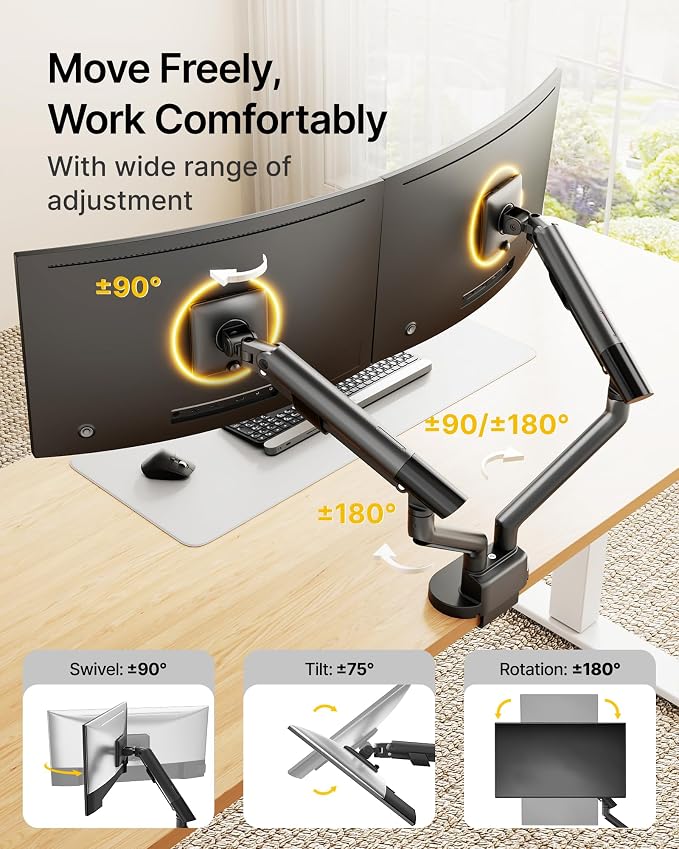 monTEK Aluminum Dual Monitor Arm for 17-35" Screens, 24.3 lbs Each, Black | Mechanical spring, tension indicator, full motion, VESA 75/100 compatibility, clamp/grommet bases and cable routing - Image 4