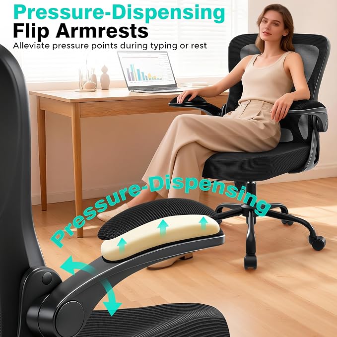 Office Chair - Ergonomic Breathable Mesh Desk Chair with Adjustable Lumbar Support and Flip-up Armrests - Executive High Back Rolling Swivel Comfortable Computer Gaming Chair for Home Office - Image 7